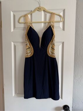 Terani Couture Navy Plunge Cocktail Dress with rhinestones illusion style